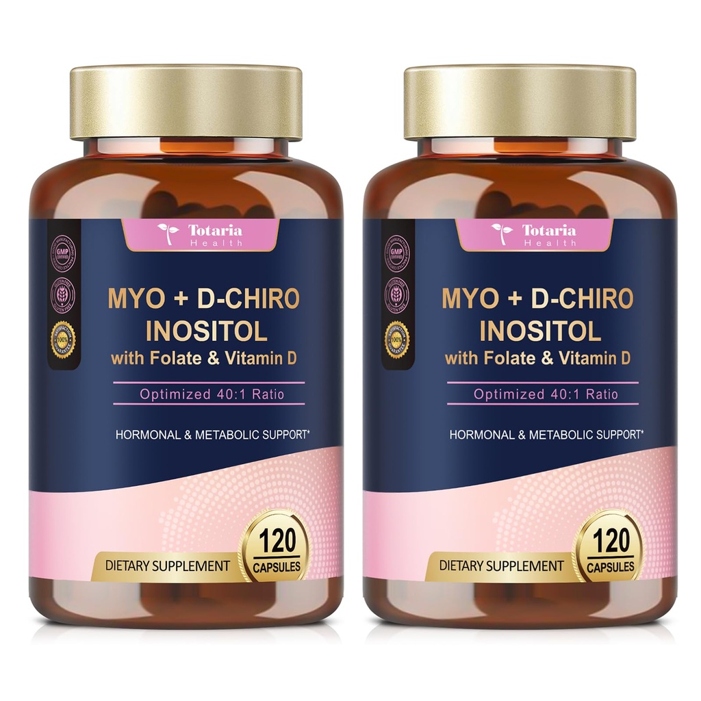 Totaria Inositol Supplement for Women with Vitamin D3, Folate, 40:1 Ratio Myo-Inositol & D-Chiro Inositol Complex, (Vitamin B8) Inositol Capsules, Pack of 2