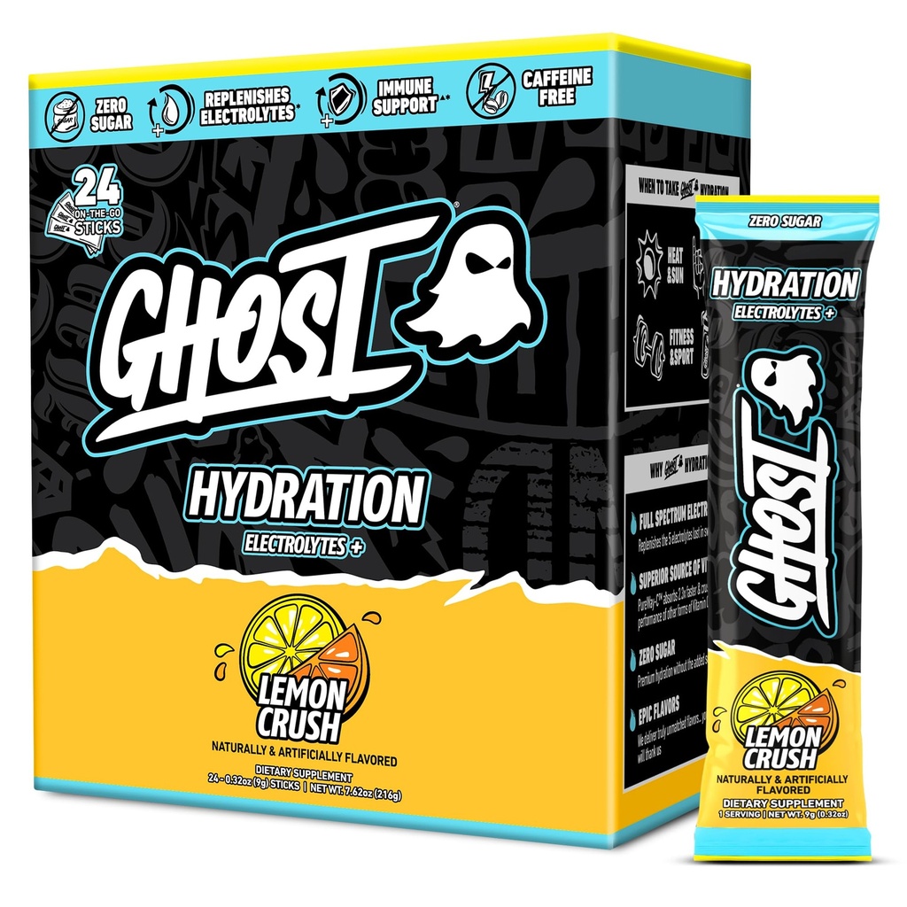 GHOST Hydration Packets, Lemon Crush, 24 Sticks, Electrolyte Powder - Drink Mix Suplemento con Magnesio, Potasio, Calcio, Vitamina C - Vegan Friendly, Libre de Soy, Azúcar &amp; Gluten