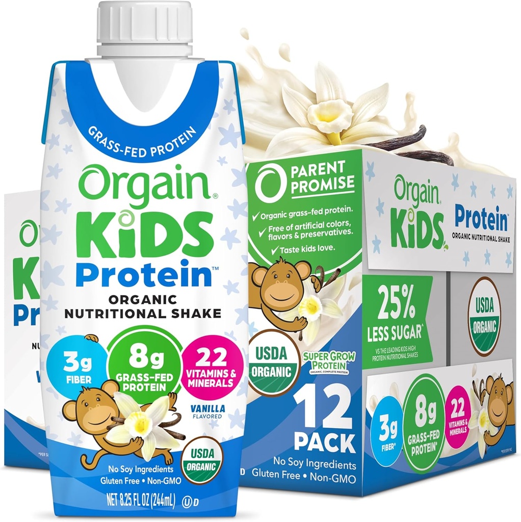 Orgain Orgain Organic Kids Nutritional Protein Shake, Vanilla, Healthy Kids Snacks, 8g Dairy Protein, 3g Fiber, 22 Vitaminas &amp; Minerals, Sin ingredientes de soja, Gluten Free, Non-GMO, 8.25 Fl Oz (Pack of 12)