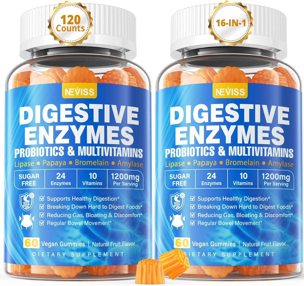 Enzimas digestivas con Gummies Probióticos, Multivitaminas, Calcio, Magnesio - Todas las 24 Enzimas Esenciales Chewable Multi - Papaya, Lipase, Amylase, Bromelain - Breaking Down Carbs, Proteinas, Fats, 2Packs