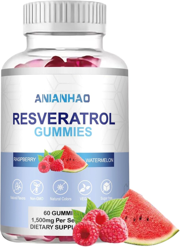 Gummies de Resveratrol Libre de Azúcar, Suplemento de Resveratrol Potent 1500mg, Apoyo Digestivo &amp; Salud Inmunitaria, Regenerador de células " Reparación, Suplemento de Resveratrol para Apoyo Antioxidante