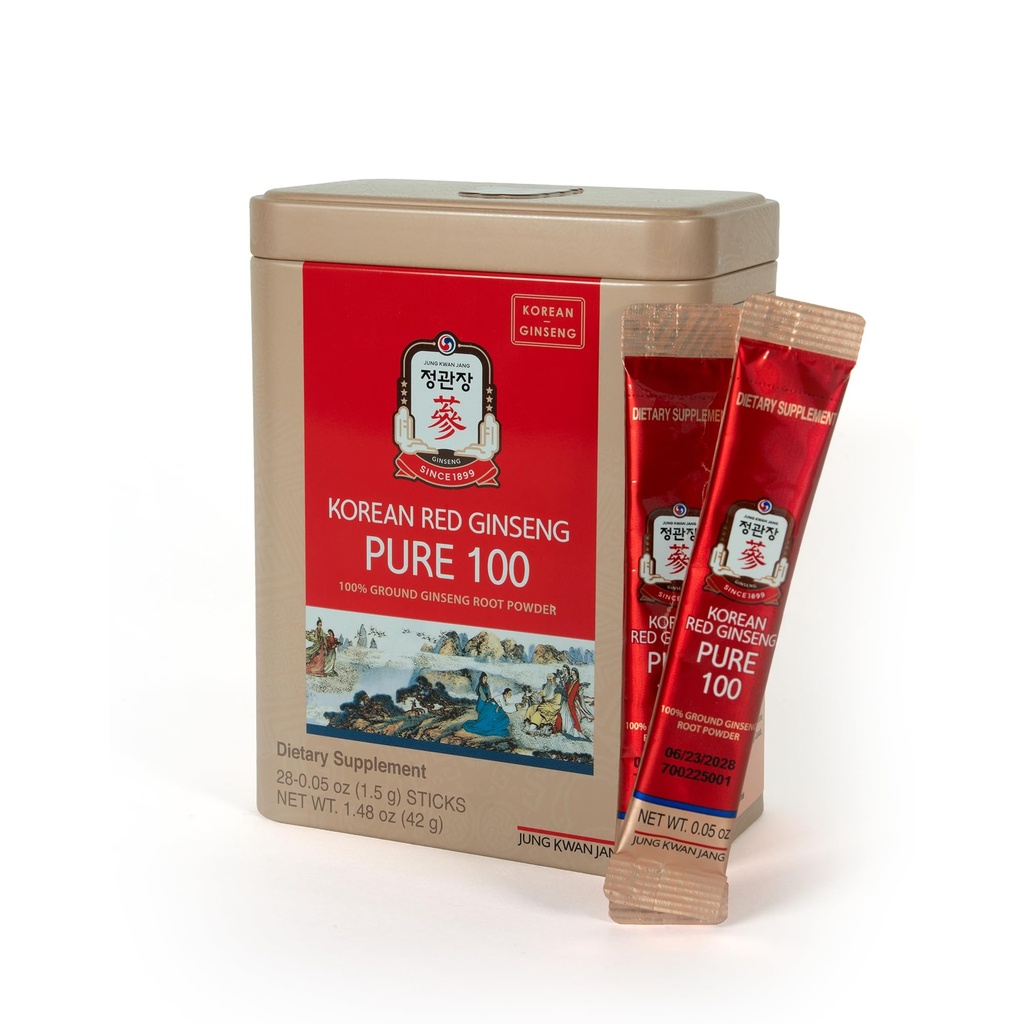 JungKwanJang Korean Red Ginseng Pure 100 - Panax Ginseng Powder Stick Suplementos - Energy Boost &amp; Immune Support - Vegan, Caffeine Free, Gluten Free &amp; Non-GMO (Net Wt. 1,48 oz, 30 Sticks)
