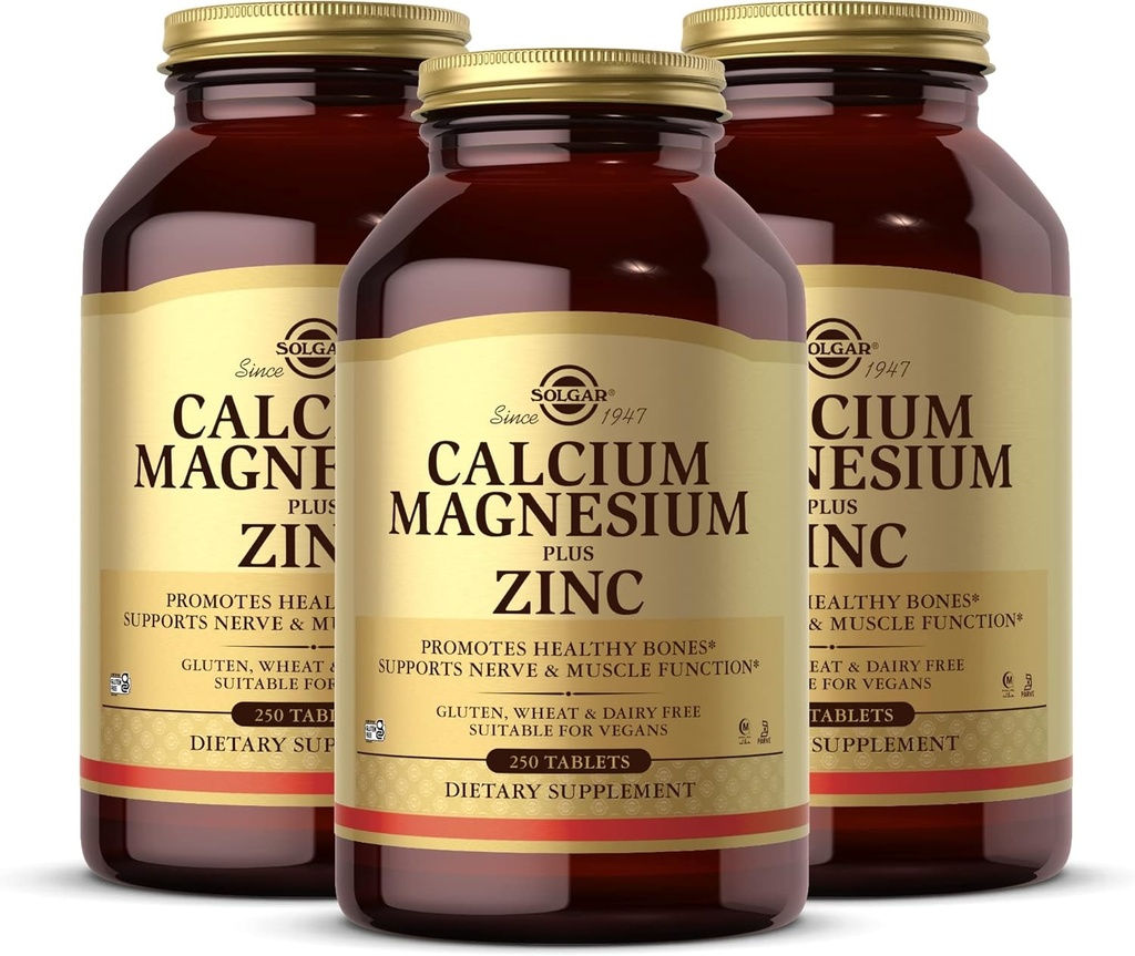 Solgar Calcium Magnesium Plus Zinc - 250 Tablets, Pack of 3 - Promotes Healthy Bones, Supports Nerve & Muscle Function - Non-GMO, Vegan, Gluten Free - 250 Total Servings