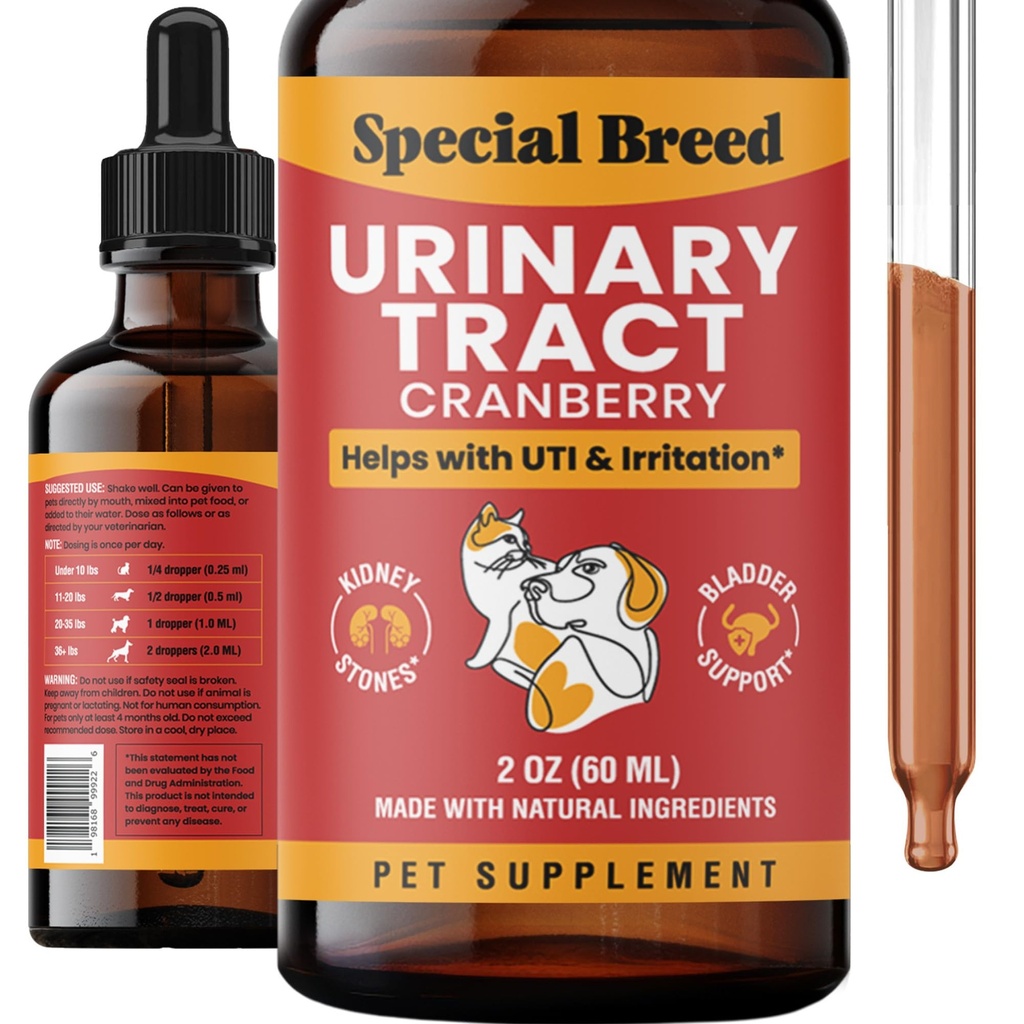 Cat & Dog Urinary Tract Infection Treatment – Natural UTI Relief with Cranberry Drops – Kidney & Bladder Support – Helps Incontinence, Frequent Urination, Bladder Stones – Pet Renal Care Drops