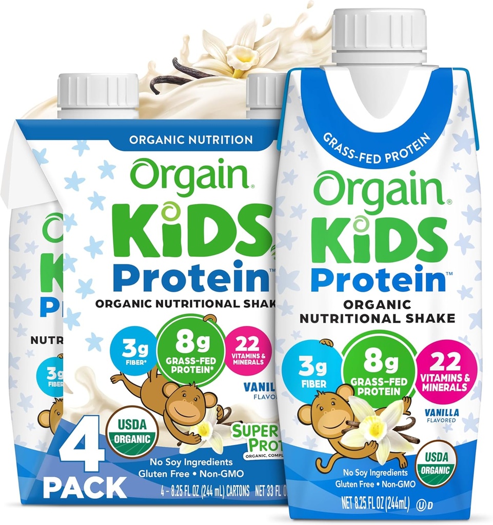 Orgain Orgain Organic Kids Protein Nutritional Shake, Vainilla - 8g of Protein, 22 Vitaminas &amp; Minerales, Frutas & Verduras, Gratuita, Soy Libre, No GMO, 8.25 Fl Oz (Pack of 4)