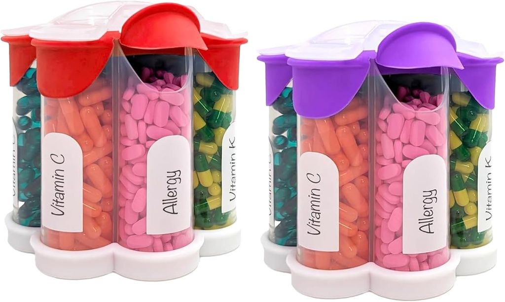 Organizador de píldoras extra grande diario, semanal, suplemento mensual botella, dispensador de píldoras lindo Blossom con 7 compartimentos XL (2 Pack Combo) (Purple y rojo)