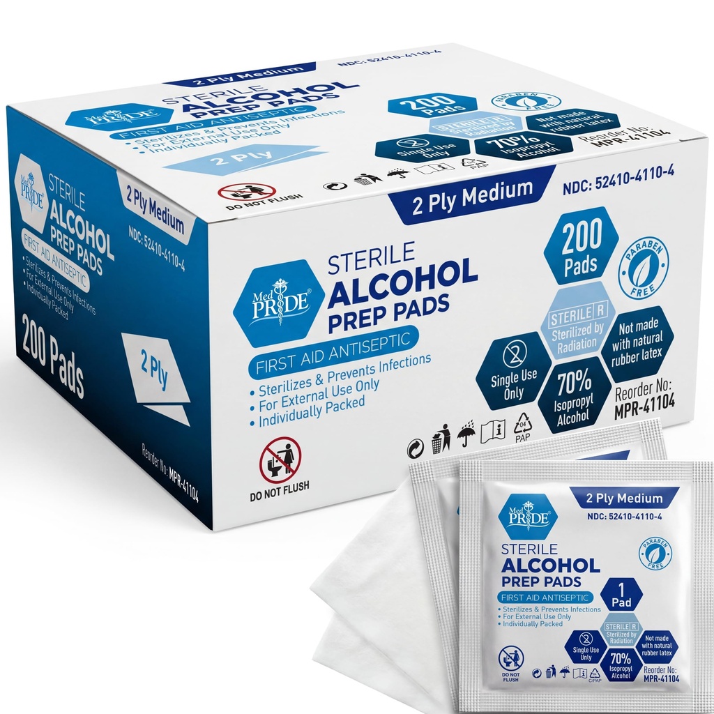 MED PRIDE Sterile Alcohol Prep Pads, Antiséptico, 70% Isopropyl, Agitado individualmente, grado médico 2 Ply Wipes (200 Conde (Pack of 1) White)