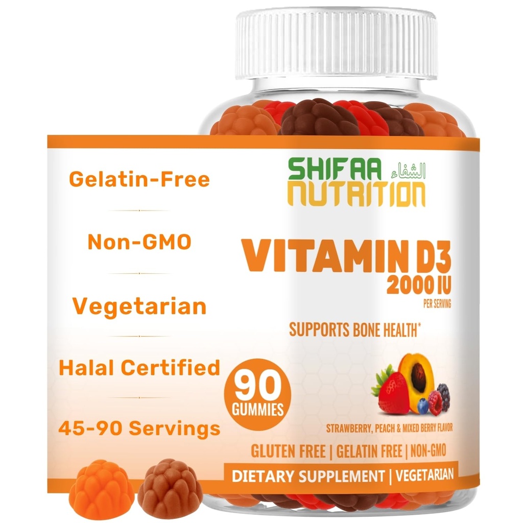 SHIFAA NUTRITION Vegetarian Vitamin D3 Gummies for Adults & Kids | 45-90 Servings, 2,000IU / 1,000IU | Non-GMO, Gluten-Free, Gelatin-Free | Supports Bones, Muscles & Immune System Halal Vitamins