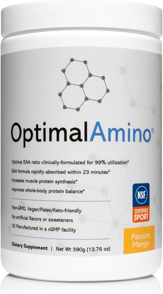 OptimalAmino Amino Acid Powder ← 99% Utilized Essential Amino Acid (EAA) Suplemento Silencio Pre/Post Workout &amp; Muscle Recovery ← NSF for Sport Certified  tolera Passion Mango Flavor