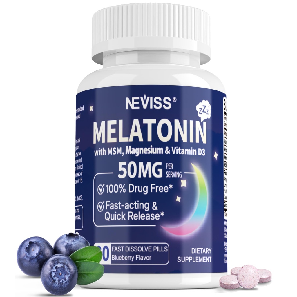 NEVISS Melatonin 50 mg for Adults - Extra Strength 9-in-1 Fast Dissolve Sublingual - High Dose with Magnesium Glycinate, Vitamin D3, Ashwagandha, Lemon Balm, Chamomile, Sugar Free, Vegan,60 Tablets