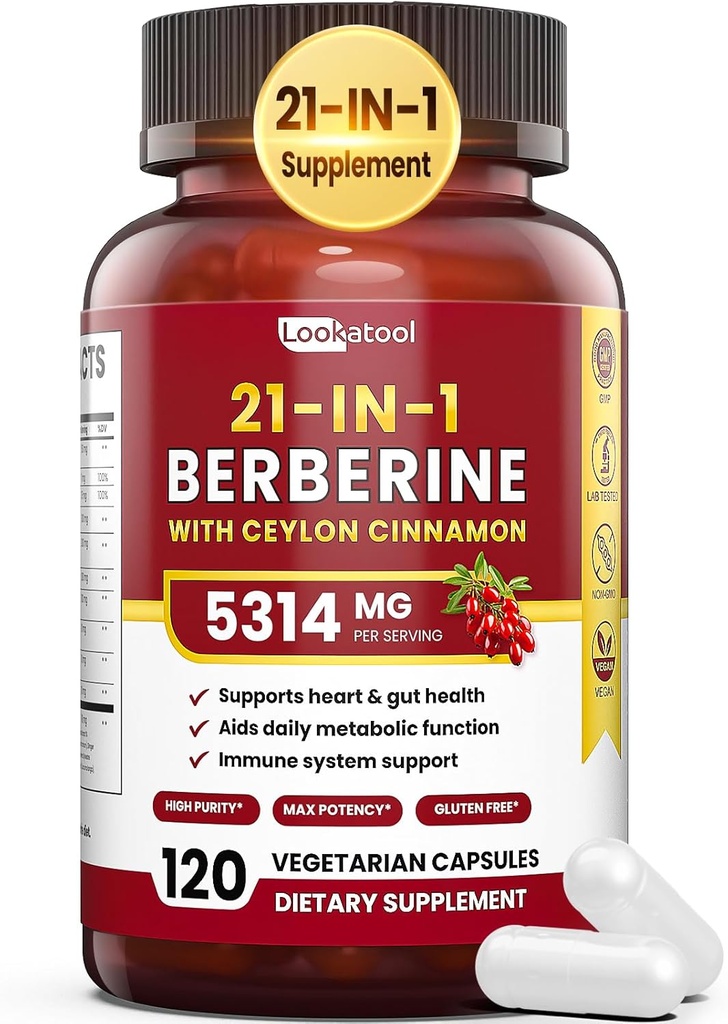 21-in-1 Berberine Supplement with Ceylon Cinnamon - 1500mg Organic Berberine HCL Phytosome, 5X Higher Absorption for Metabolism Support 100 Capsules