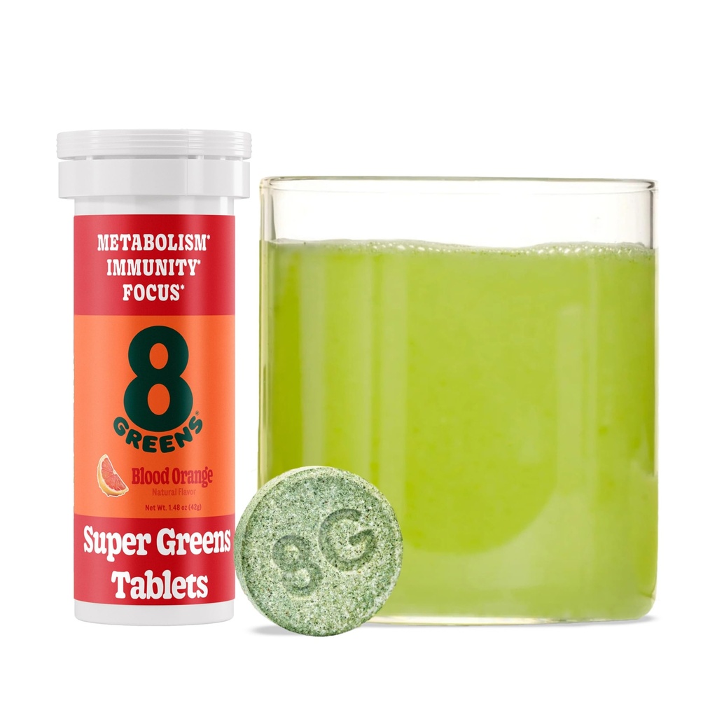 8Greens Supergreens Tablets ← Super Greens Powder Superfood Tablet, Metabolism Immunity & Focus, Daily Greens Effervescent Tablets, Organic: Aloe Vera, Spirulina, Chlorella, Blood Orange, 10 Servings
