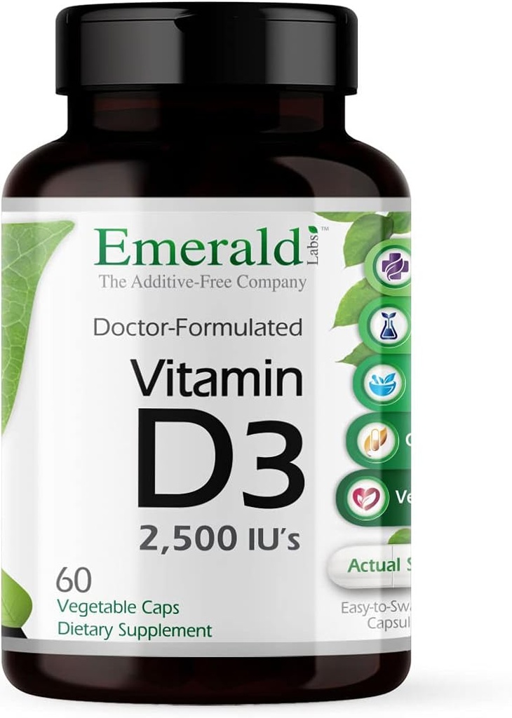 EMERALD LABS Vitamina D3 2,500 UI - Soportes Huesos, Dientes, Musculo, Corazón &amp; Salud Inmunitaria - Suplemento dietético Premium - 60 cápsulas vegetales (60-Day Supply)