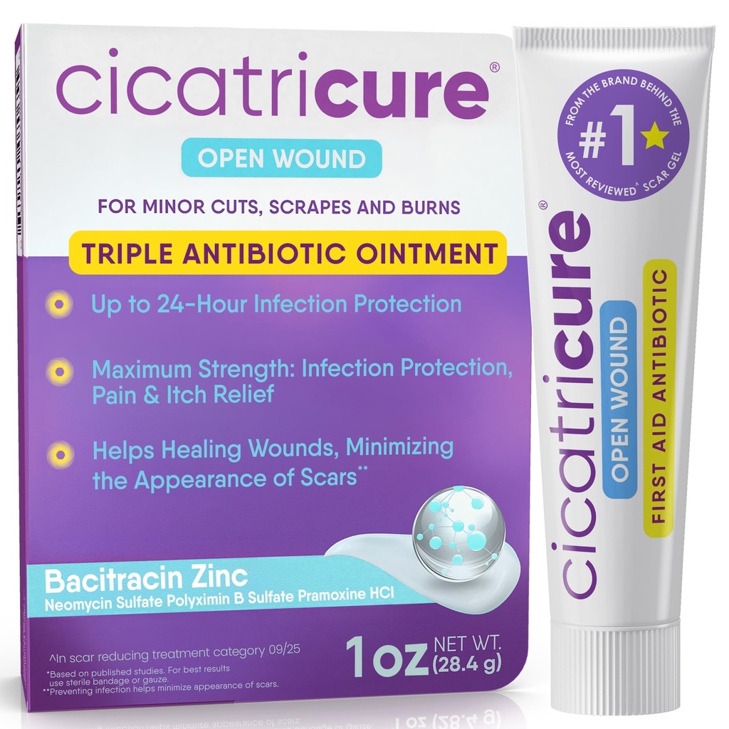 Ungüento antibiótico triple Cicatricure con alivio de dolor, ungüento antibiótico de bacitracina " Cream for Wound Care, ungüento de curación para cortes, quemaduras, insectos, suministros de primeros auxilios esenciales, 1 oz