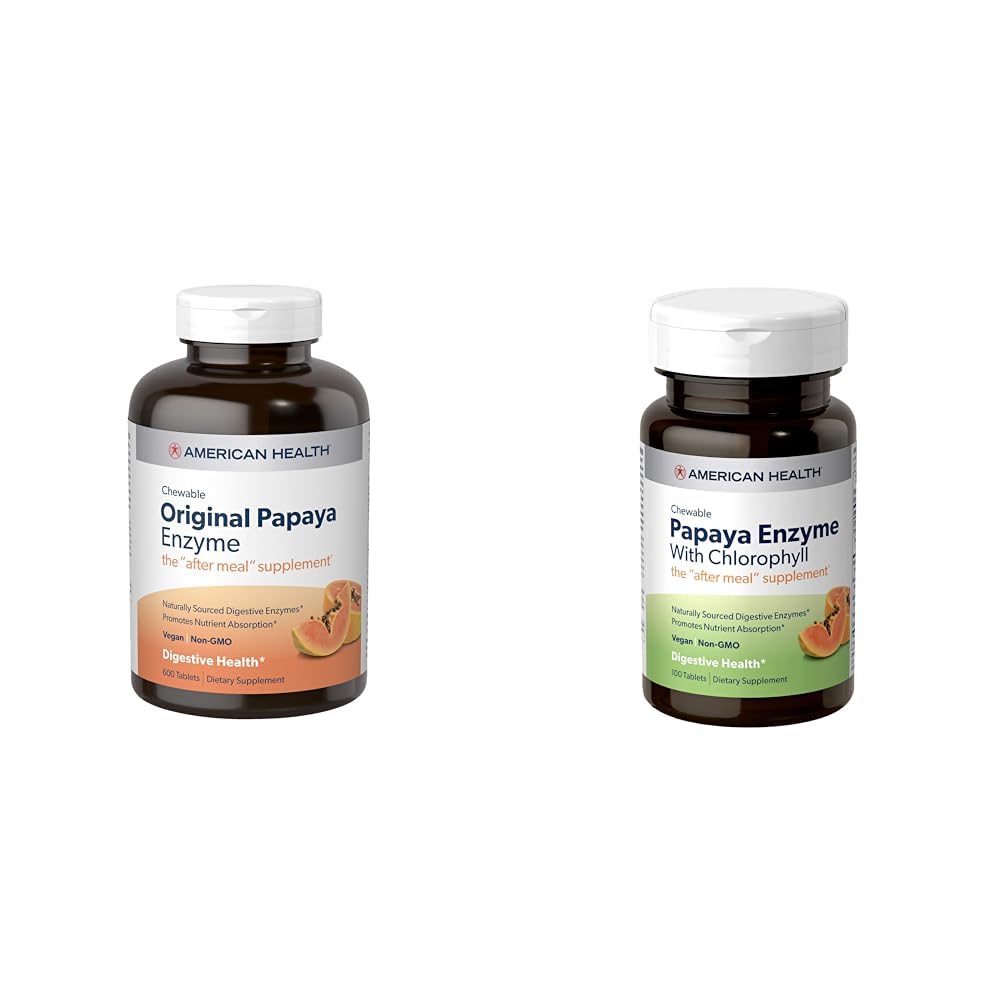 American Health Papaya Digestive Enzyme Chewable Tablets Bundle - Original 600 Cuenta y con Chlorophyll 100 Conde