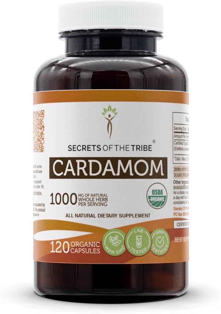 Secrets of the Tribe Cardamom USDA Organic Capsules | Certified Organic Vegetarian Capsules, Herbal Dietary Supplement | Elettaria cardamomum Dried Pod (120 Count)