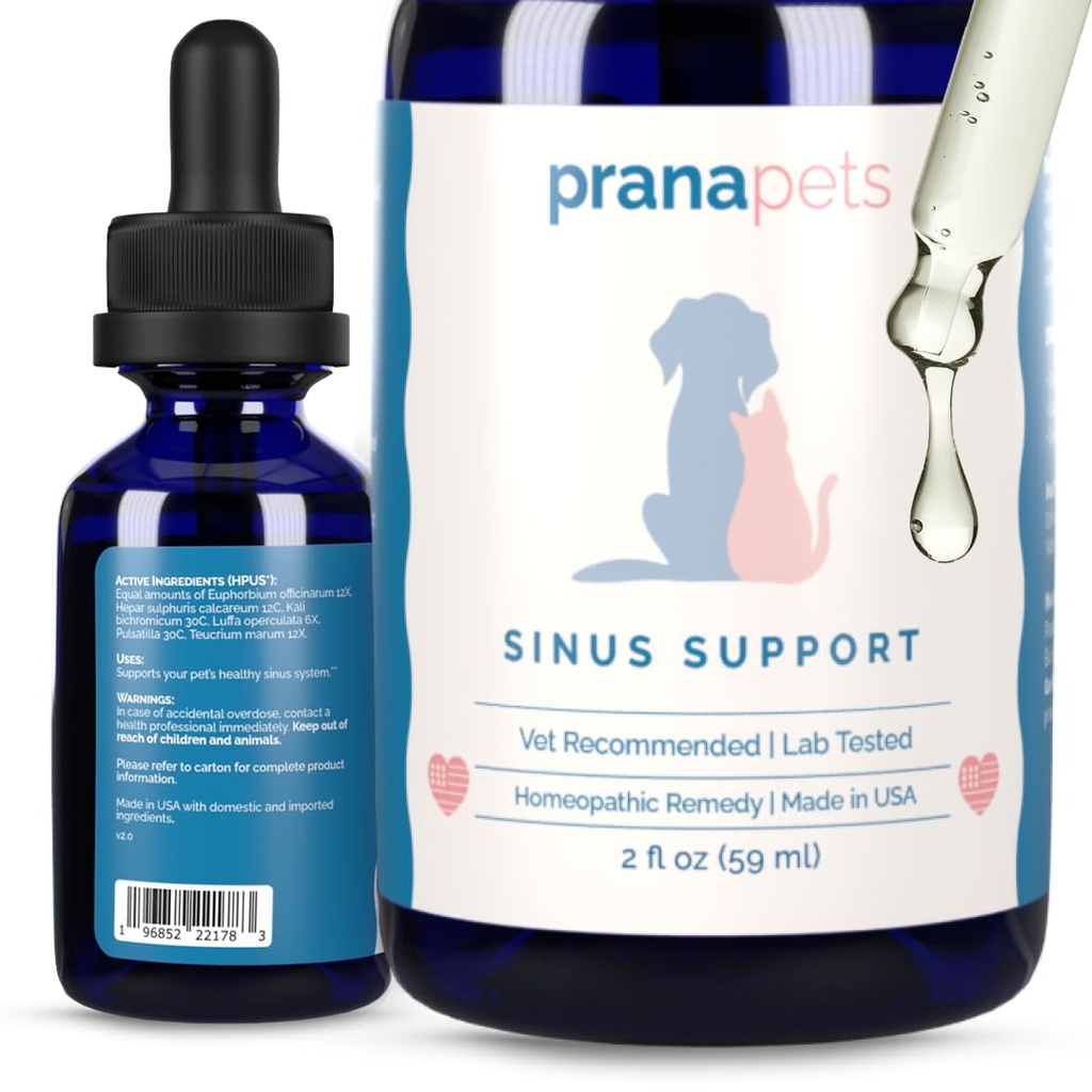 PranaPets Sinus Support Suplemento líquido para mascotas Silencio Naturalmente Apoya Cat &amp; Dog Sinus Relief ← Fórmula natural para la congestión