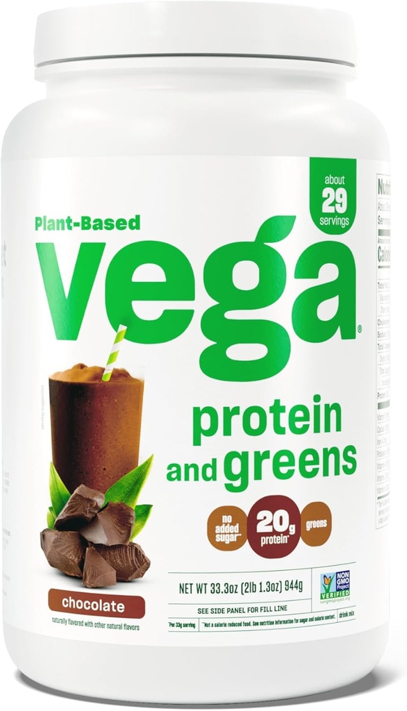 Vega Proteína y Verdes Polvo Proteína, Chocolate - 20g Veggies Protein Plus, Vegan, No GMO, Pea Protein para Mujeres y Hombres, 2.1bs