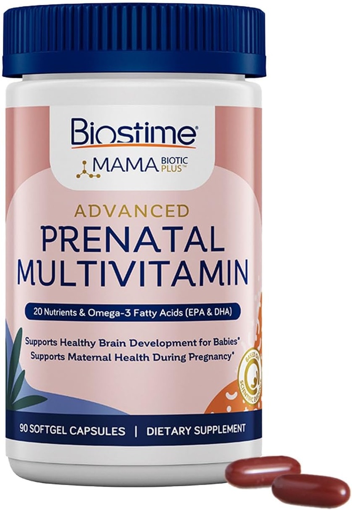 Biostime Advanced Prenatal Vitamins for Women | 20 Nutrients, Multivitamin, Folic Acid, Iron, Prebiotic and Omega 3 EPA & DHA Fatty Acids | Pregnancy Vitamins & Support Supplement | 90 Softgel Pills