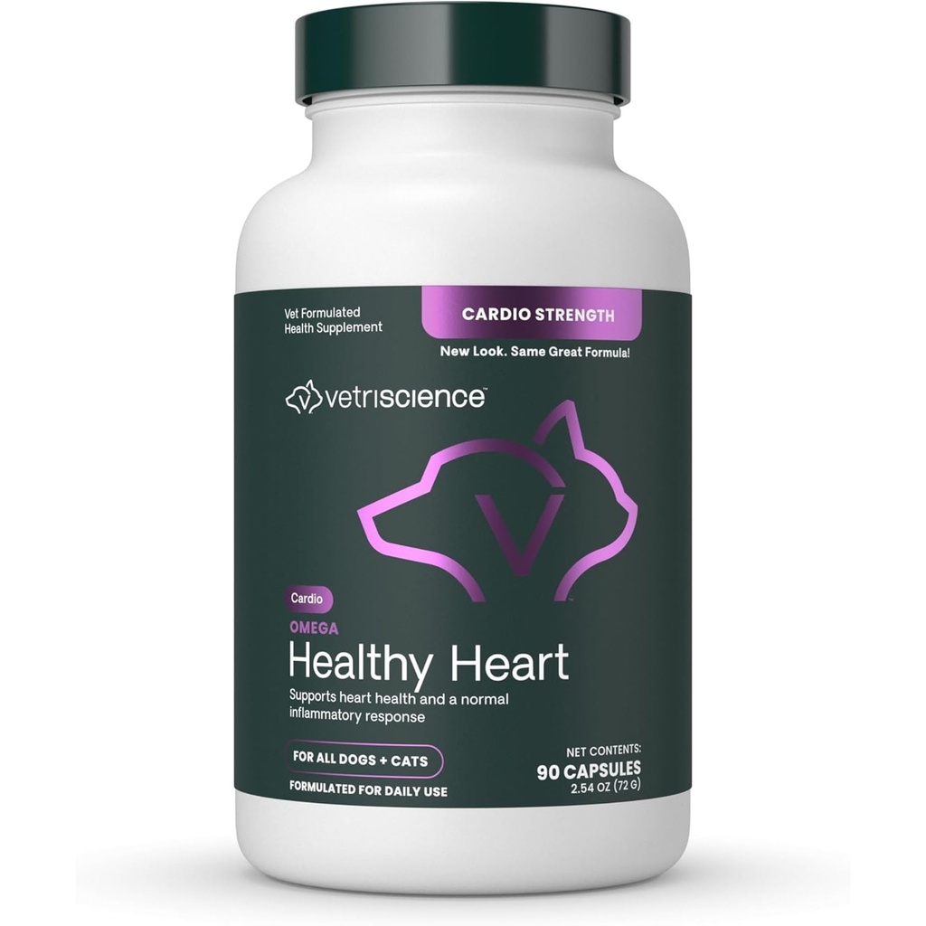 VetriScience Omega Healthy Heart Easy-Open Capsules, Cardio Strength Taurine and Omega-3 Supplement for Dogs and Cats, Heart Support Supplement for Pets, 90 Count