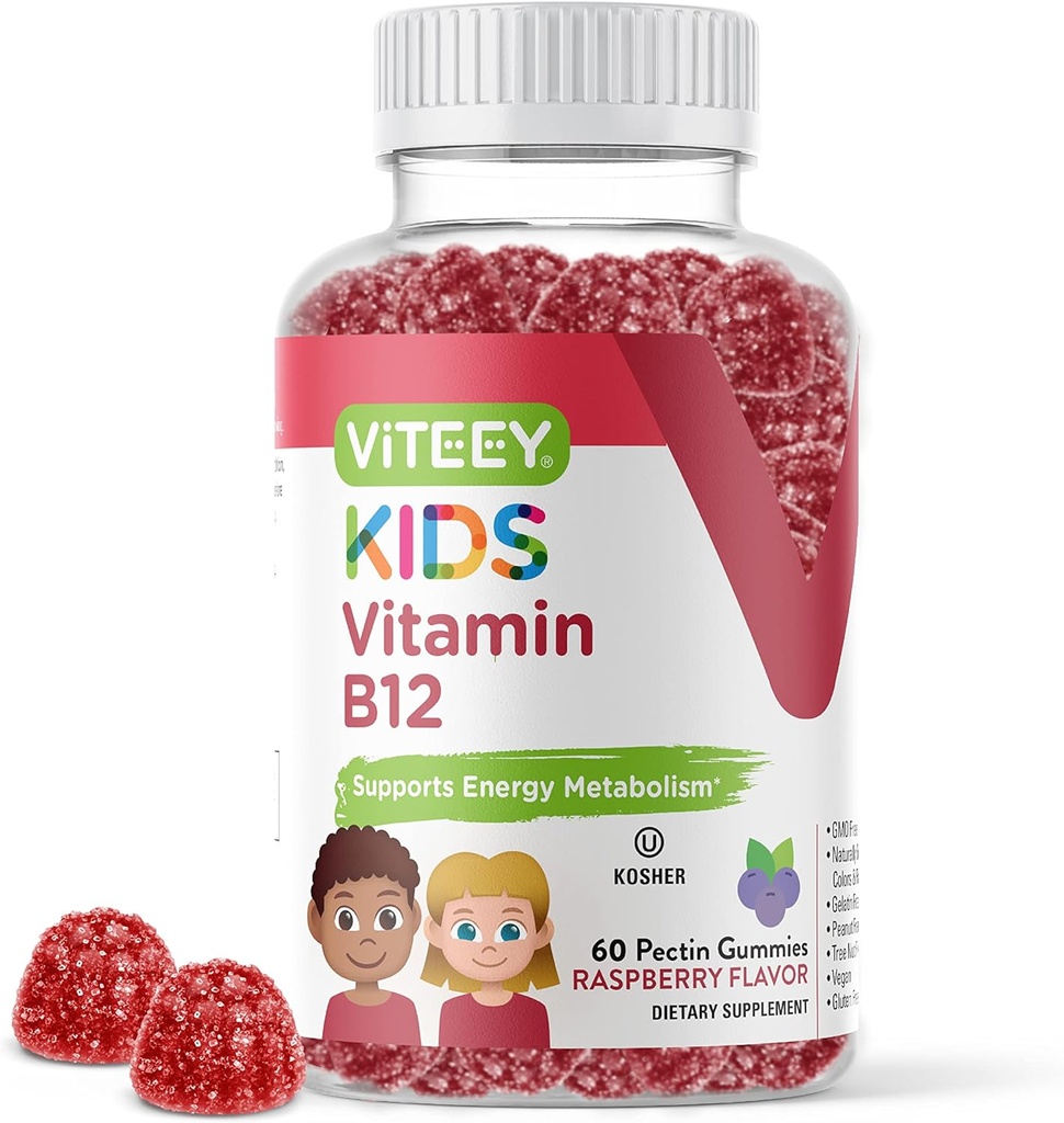 Viteey Vitamin B12 for Kids Gummies, 1000mcg - Metabolism, Natural Energy Support - Vegan, Gelatin Free, Gluten Free, GMO Free - Tasty Chewable B12 Raspberry Flavored Gummy