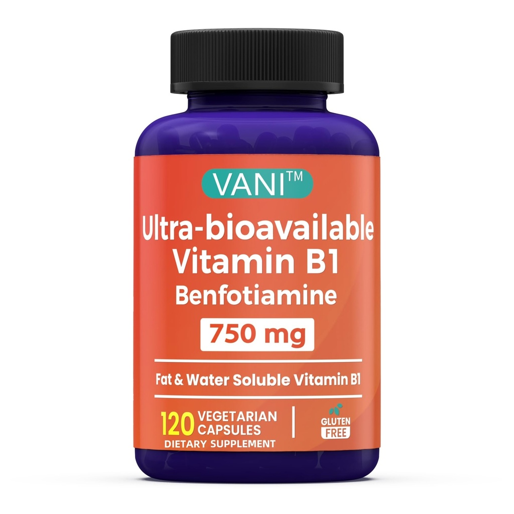 VANI Vitamina B1 con 750mg Benfotiamine, 2 en 1 Fórmula Mejorada -Fat &amp; Water Soluble Thiamine B1 Suplemento TEN 120 Capsules TEN Gluten Free