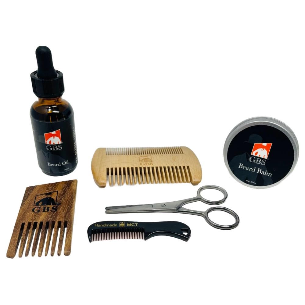 G.B.S Natural Beard Kit - Beard Oil with Jojoba, Beard Conditioning Balm, 2 Sided Wood Beard Styling Comb, Pocket Mustache Comb, Beard and Mustache Trimming Tijeras
