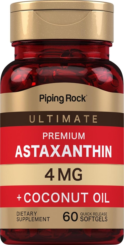 Piping Rock Astaxanthin 4mg ← 60 Softgels Silencio con el aceite de coco tóxico Algae Extracto Suplemento Silencio No GMO, Gluten Gratis