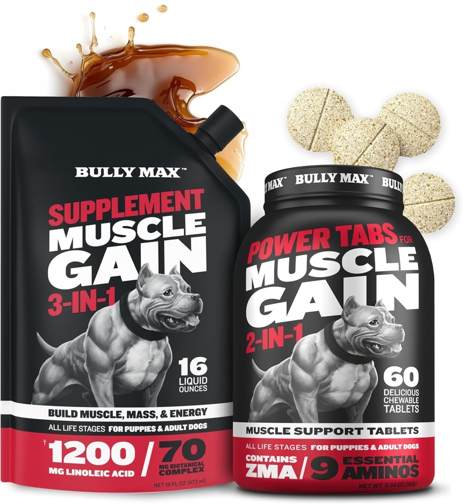 Bully Max 3-in-1 Líquido del músculo constructor y Power Tabs (60 pestañas) Bundle – Suplemento de alta proteína &amp; Multivitaminas Chewable para el crecimiento muscular, energía &amp; recuperación en todas las razas, cachorros &amp; perros adultos