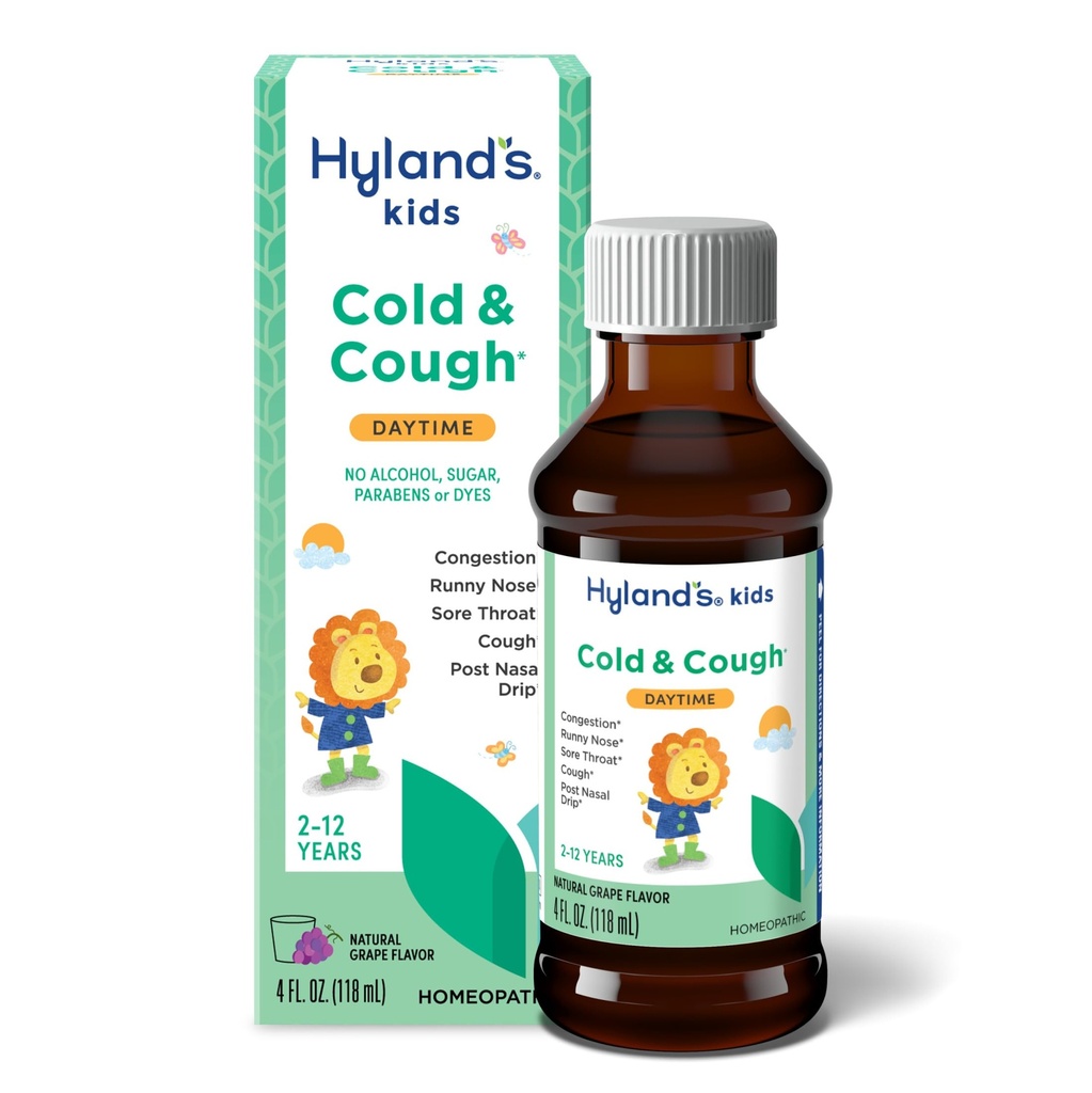Hiland's Kids Cold and Cough, Daytime Grape Flavor Cough Syrup Medicine for Kids Ages 2 and up, Decongestant, Sore Throat Relief, Natural Treatment for Common Cold Symptoms, 4 Fl Oz