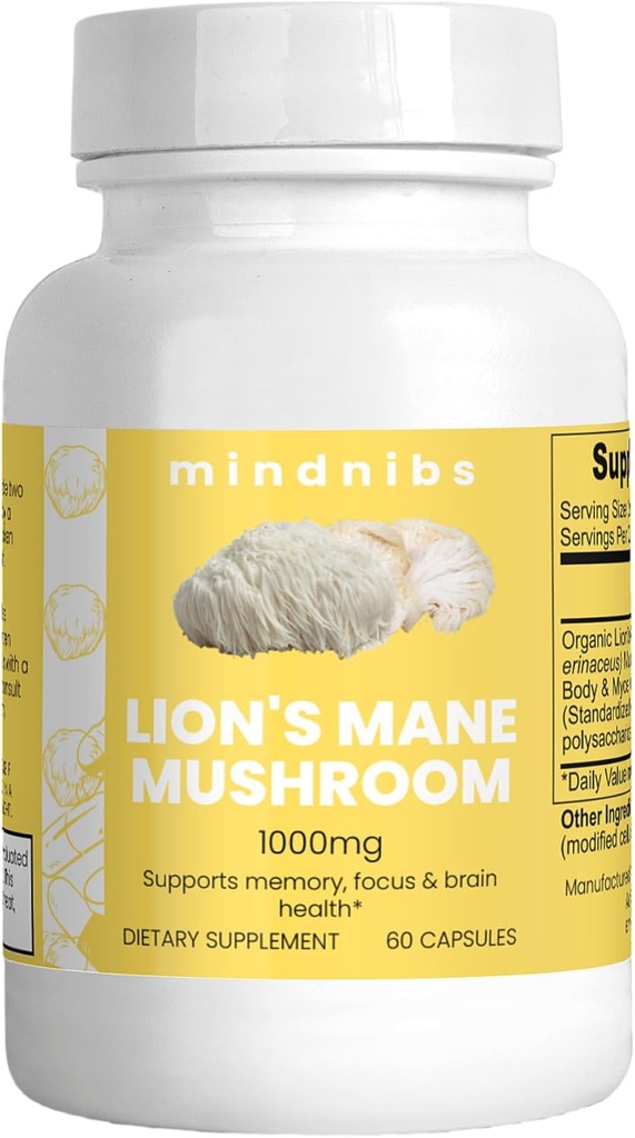 Masculino de león orgánico Capsules 1000mg - Soporte Cognitivo, Nootropía Neuroprotectora, 60 caps Vegan