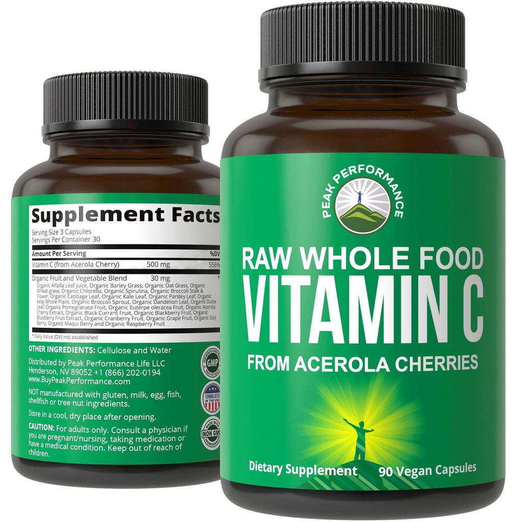 Peak Performance Raw Whole Food Natural Vitamin C Capsules from Acerola Cherry for Max Absorption. Vegan USA Sourced Vitamin C Supplement 90 Pills. 500 mg Serving or 2 Servings 1000mg
