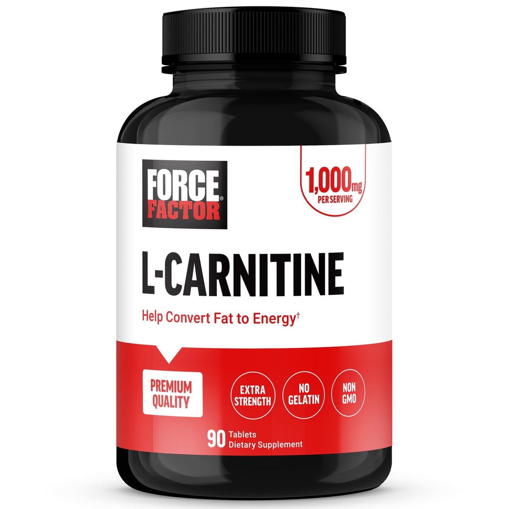 FORCE FACTOR L-Carnitine Suplemento, L Carnitine Tartrate 1000mg Capsules to Convertir Fat Into Energy, Support Muscle Recovery, and Boost Exercise Performance, Vegan, Non-GMO, 90 Tablets