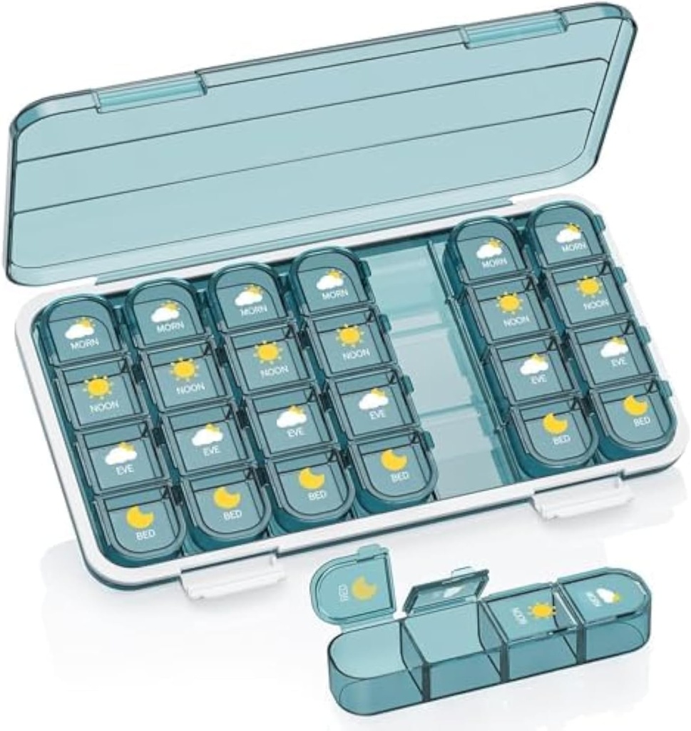 Pill Organizer 4 Times A Day, Pill Box 4 Times A Day 7 Day - Acedada Weekly Medicine Box Organizer with Separate Case, Portable Daily Pill Container Dispenser for Vitamin, Fish Oils, Supplements, Blue
