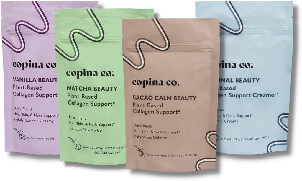 Copina Co. Vegan Collagen Booster Mix: Plant Based Collagen Support Smoothie Drink Vegan Blend Variety Pack ← 4 Flavors Matcha, Vanilla, Original y Cacao Calm Ø 25 porciones por bolsa 4.4oz