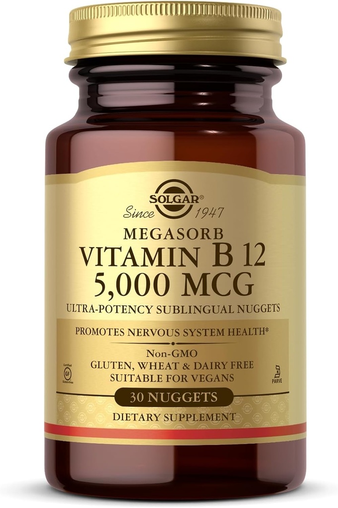 Solgar Vitamin B12 5000 mcg - 30 Nuggets - Promotes Nervous System Health - Non-GMO, Vegan, Gluten & Dairy Free - 30 Servings