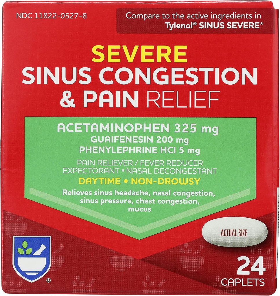 Rite Aid Daytime Severe Sinus Congestion &amp; Pain Relief - Acetaminophen, 325 mg - 24 Caplets ← Multi-Symptom Non-Drowsy ← Alivio Silencioso y la gripe peru Cold " Sinus Medicine for Adult