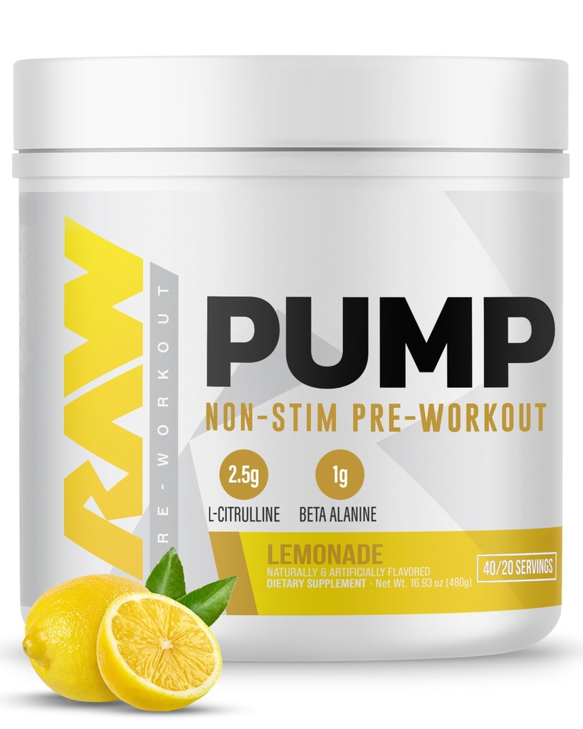 RAW Pump Stim Free Pre Workout (Lemonade) - Non-Stimulant Pre Workout Supplement Powder Nitric Oxide Booster - Pre Workout Supplements Drink for During Workout - 40 Servings
