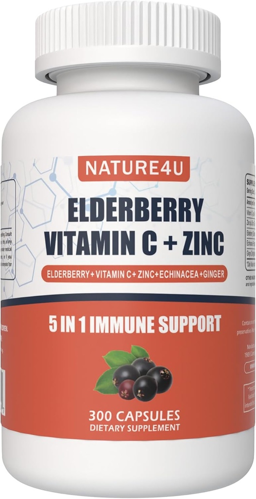 5 in 1 Elderberry Immune Support Supplement, Daily Immune Boosters for Adults Antioxidants Supplement, Elderberry 1000 mg, Vitamin C, Zinc, Echinacea, Ginger, 300 Vegan Capsules - 5 Month