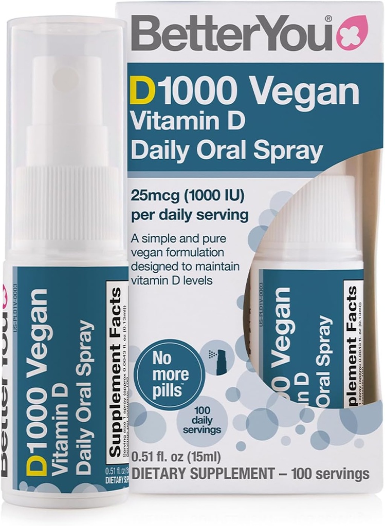 BetterYou D1000 Vegan Vitamin D Oral Spray - Convenient Alternative for Tablets - Plant-Origin - Promotes Strong Bones, Teeth and Immune System - Aid in Calcium Absorption - 100 Daily Doses - 0.5 oz