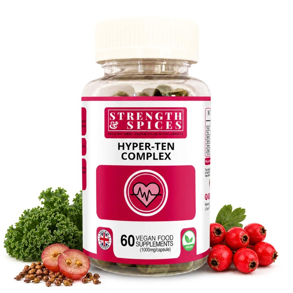 Strength & Spices Hypertensupport 100% Natural Supplement for Immune System & Heart Health – 15 Ingredientes w Hawthorn Berry, Grape Seeds & Berries - 60 Vegan UK Made 1000mg Capsules