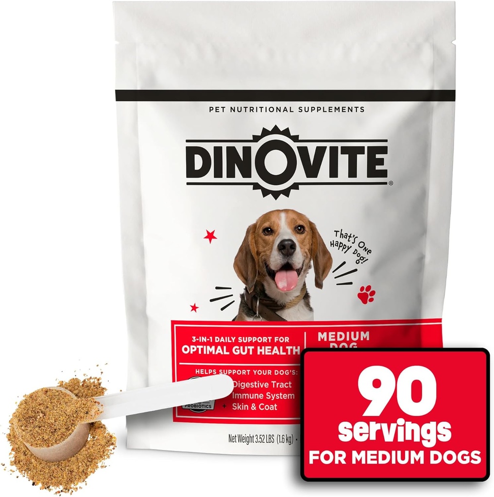 Dinovite 3 in 1 Probiotic for Medium Dogs, Skin & Coat, Digestive Health & Joint Relief, Dog Food Toppers, Immune Support, Allergy Relief & Itch Relief Skin Care, 90 Servings (18-45lb)