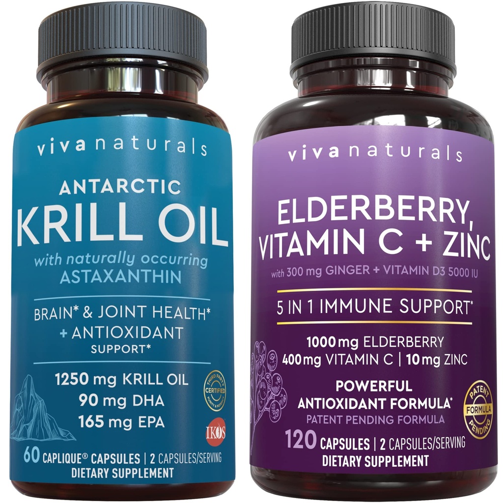 Viva Naturals Antarctic Krill Oil and Elderberry, Vitamin C, Zinc and Vitamin D3 5000 IU Bundle, 1250 mg of Krill Oil Providing Omega 3 EPA and DHA for Joint Health, Elderberry for Immune Support