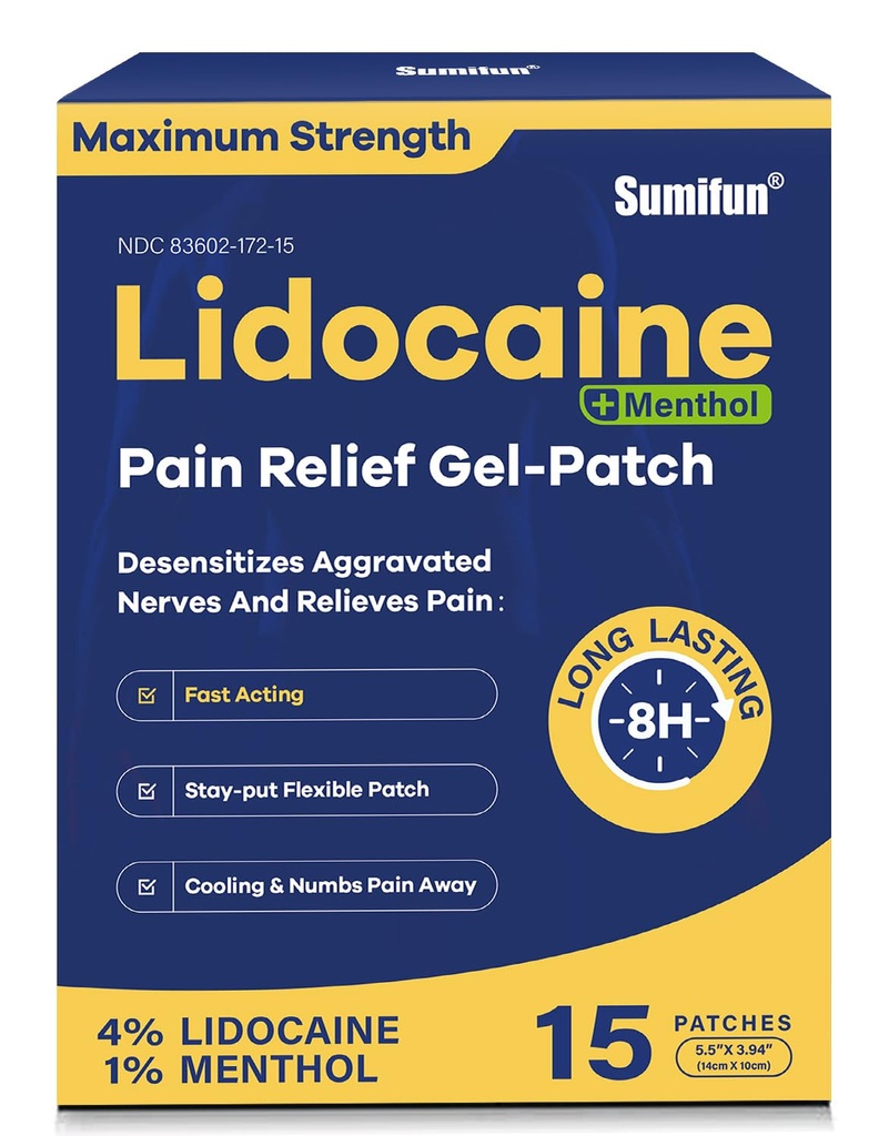 Sumifun 4% Lidocaine Patches Plus 1% Menthol - 15 Counts Maximum Strength OTC Pain Relief Patches for Back Ache Stiff Neck Joint Pain Muscle Soreness Topical Analgesic