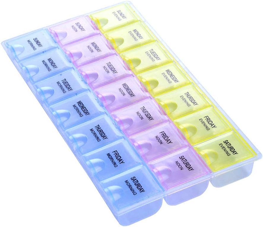 INVODA Pill Case 7 Day Weekly Pill Box with Medication Reminder Pill Organizer - Morning Noon Evening Daily 21 Detachable Compartments