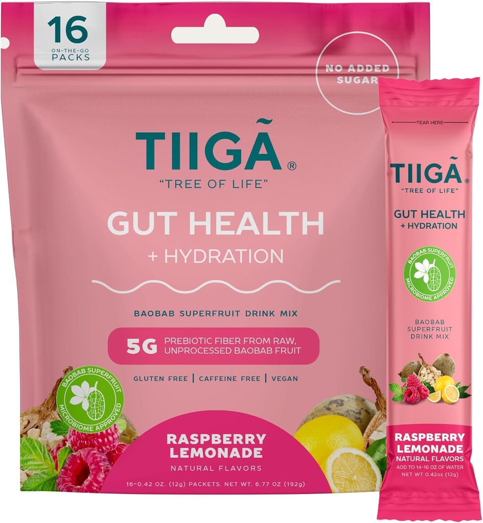 Tiiga Gut Health + Hydration Drink Mix – 7g Baobab, 5g Prebiotic Fiber, Electrolytes, No Dairy, Vegan, No Añadido Sugar, Digestión, Regularidad, Estreñimiento – 16 Servings