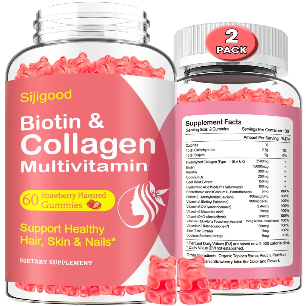 2 Pack Multi Collagen Peptides Gummies for Women & Men, Ultra Hydrolyzed Protein Type I II III V X with Biotin, Hyaluronic Acid & Vitamin C D K2 B12 A E for Skin Hair Nails, Bone, Sugar Free 120Cts