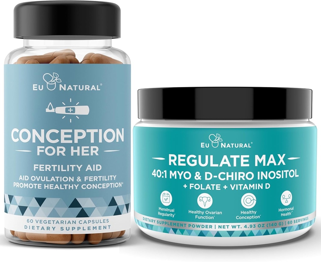 Conception for Her Capsules + Regulate MAX Myo-Inositol D-Chiro Inositol Powder - Fertility Support, Hormone Balance, Regulate Cycles - 60 Vegetarian Soft Capsules + 60 Servings Powder