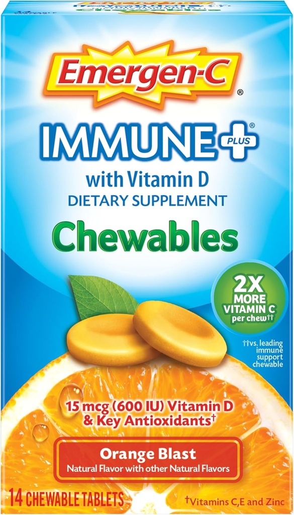 Emergen-C Immune+ Chewables 1000mg Vitamina C Tablet, con vitamina D, Immune Support Suplemento dietético para la inmunidad, Orange Blast Flavor - 14 Cuenta