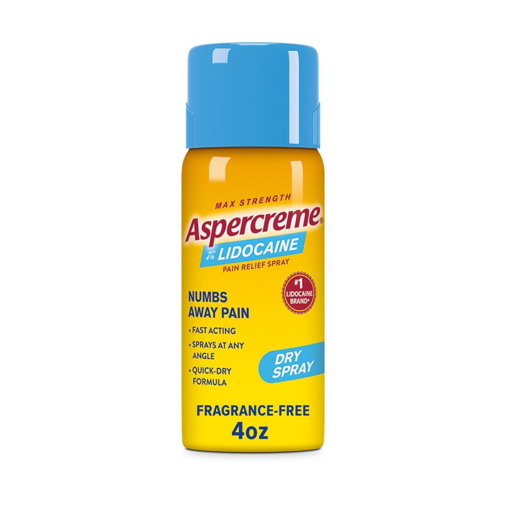 Aspercreme Lidocaine Dry Spray Soothes Aggravated Nerves, Numbing Topical Pain Relief Spray with Max-Strength 4% Lidocaine Sprays at Any Angle, 4 Oz.
